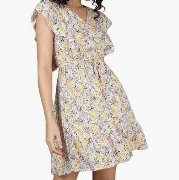 Floral Printed Vneck Ruffle Sleeve Mini Dress - Picture 1 of 7